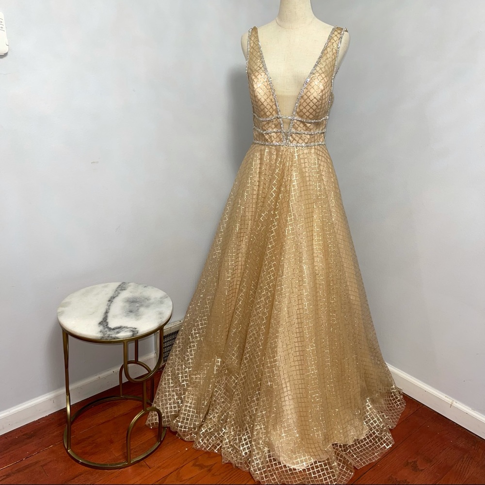 Mac Duggal Gold Sequin Illusion Neck A Line Gown